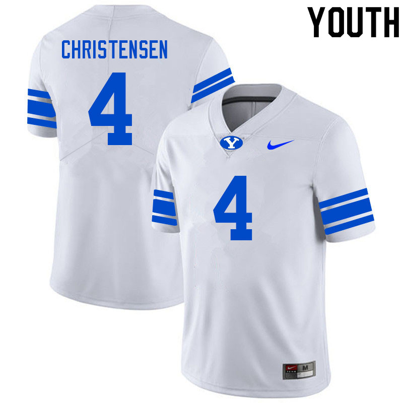 Youth #4 Caleb Christensen BYU Cougars College Football Jerseys Sale-White - Click Image to Close
